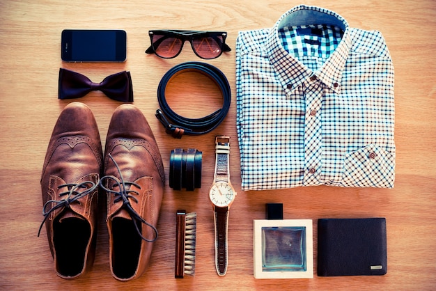Men's casual outfit. men's fashion clothing and accessories on white wooden  background | Premium Photo