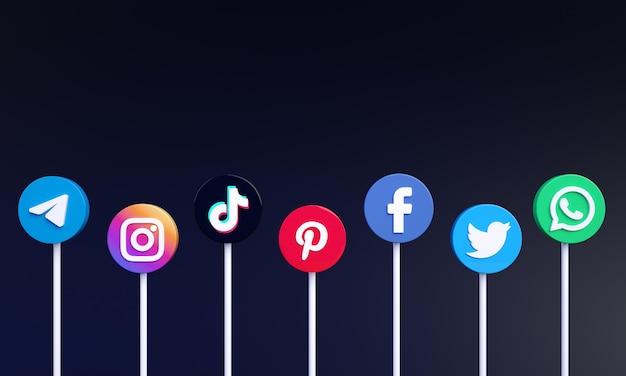 Most popular 3d social media icons and logos for social media marketing with copy space