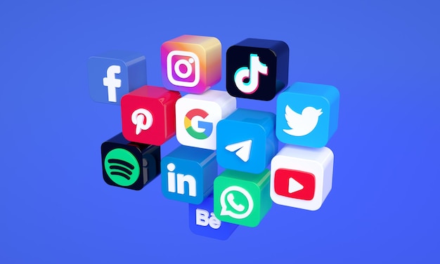 Most popular 3d social media icons and logos for social media marketing with copy space