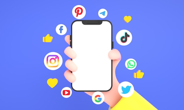 Most popular social media icons and social networking hand holding phone mockup on blue background