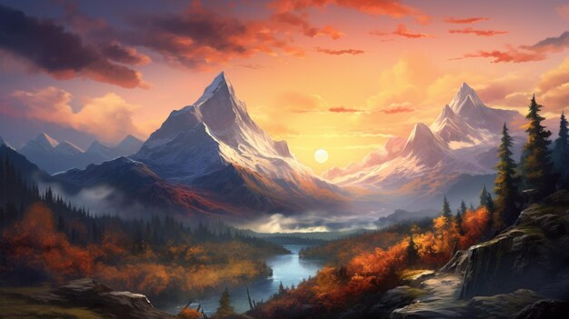 Самый прекрасный пейзаж закат горы живопись картинка искусственного интеллекта созданного искусства