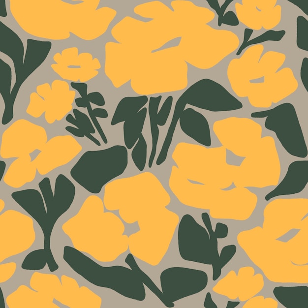 mosterd gele bloemen met groene bladeren bloemen op een beige achtergrond naadloos herhalend patroon