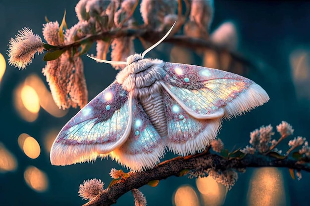 A moth is on a branch with flowers.