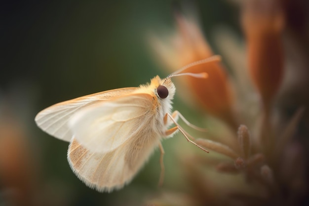 暗闇の中、花の上に蛾が座っています。