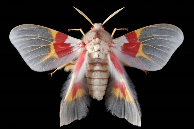 a moth with a red and yellow tail and a red and yellow tail.