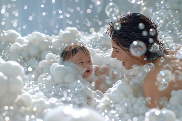 写真 母と赤ちゃんは 赤ちゃんの感覚バブルに参加しています