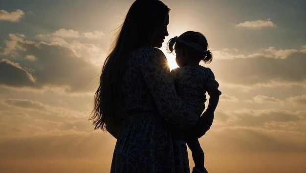사진 태양이 뒤에 있는 해가 지는 동안 어머니와 아이