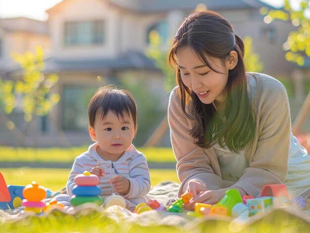 写真 母と子は屋外でピクニックをしています