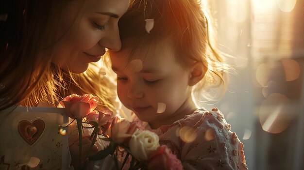 写真 mother and child with flower bouquet