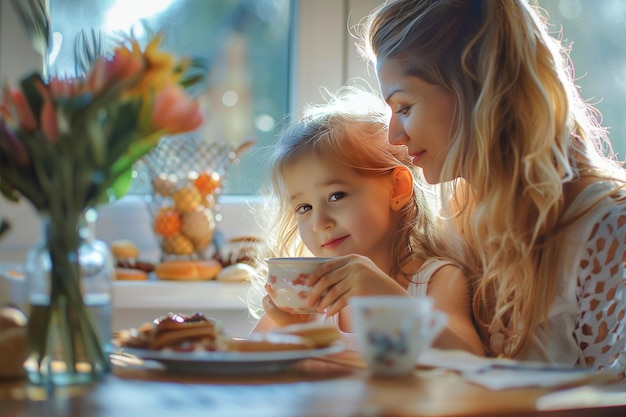 Фото Мать и дочь завтракают на фото