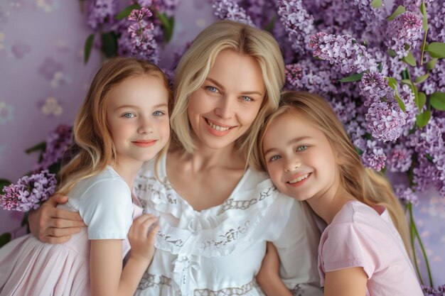 Фото Мать и дочери позируют для фото с фиолетовыми цветами