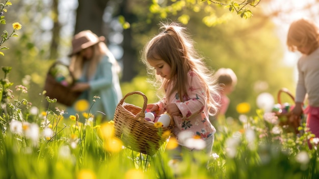 写真 母と子供たちは花の畑で幸せにイースターの卵を集めています