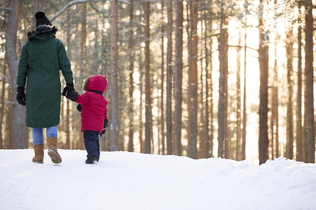 엄마와 어린 소년이 겨울 숲을 걷고 눈을 가지고 놀고 있습니다. 생활 양식