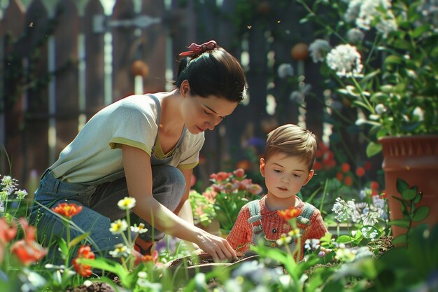 写真 母と息子が裏庭に花を植えています