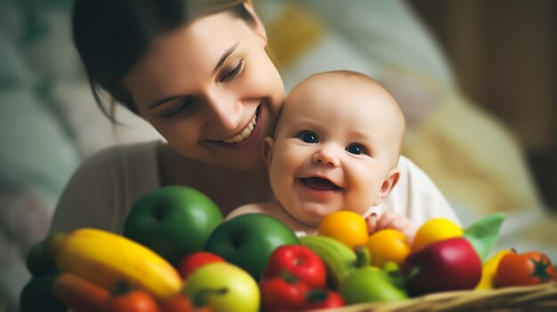 A mother and baby are holding a basket of fruit.