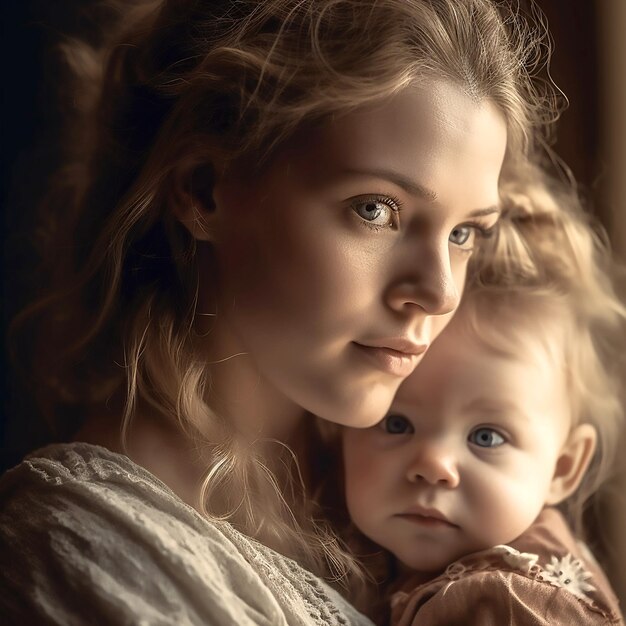 A mother and baby are looking out a window.