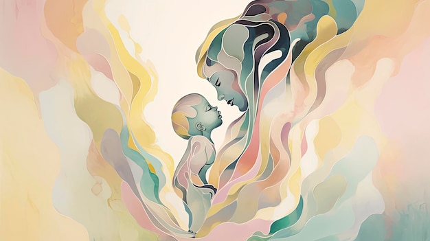 A mother and baby are shown with a colorful background.