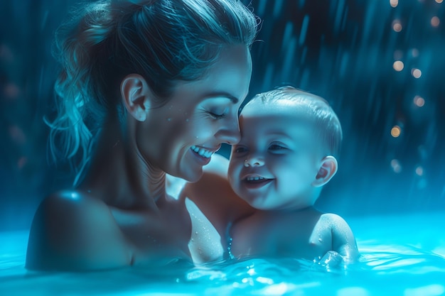 A mother and baby are swimming in a pool with water droplets on them.