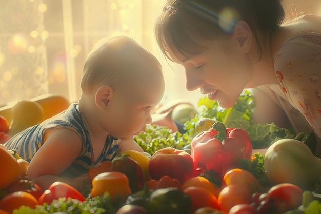母と赤ん坊は 赤ん坊の感覚的な果物を 観察しています