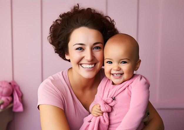 Photo mother and baby cancer survivor in pink