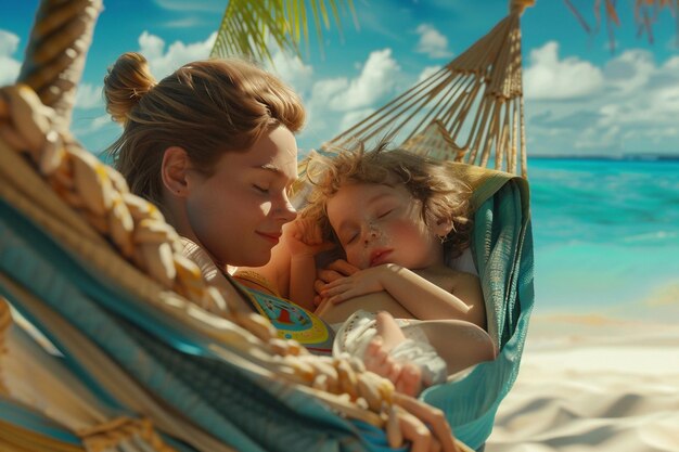 Mother and baby cuddling in a beach hammock