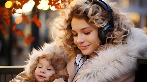 Mother and baby daughter listen to music with headphone enjoying a moment together