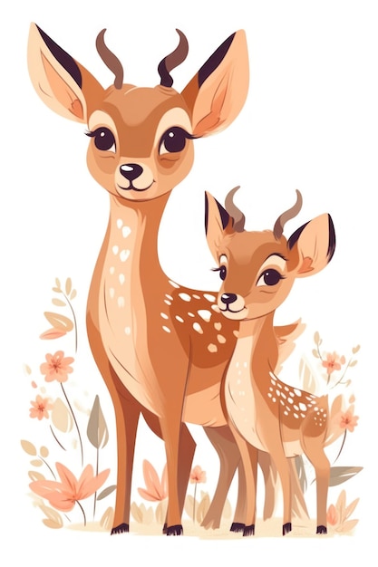 A mother and baby deer are standing in a field with flowers.