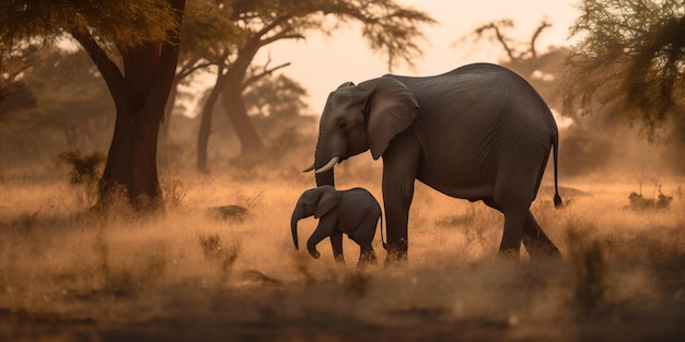 Mother and baby elephant walking in a savannah with a sunrise and acacia trees in the background Generative AI