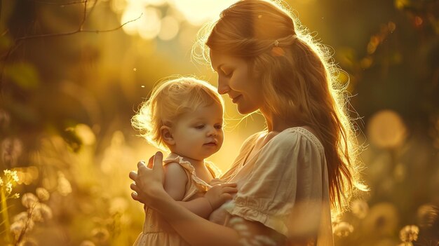 mother and baby in a field of flowers