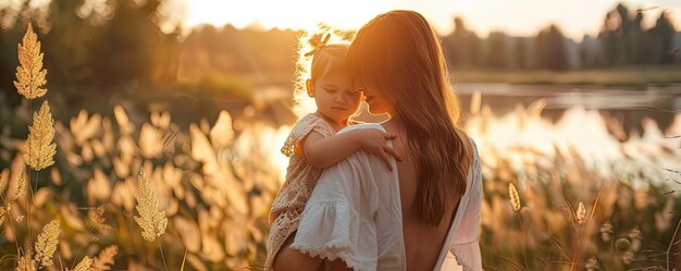 mother and baby in a field of flowers