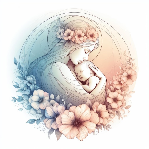 Foto madre e bambino illustrazione floreale del giorno della madre