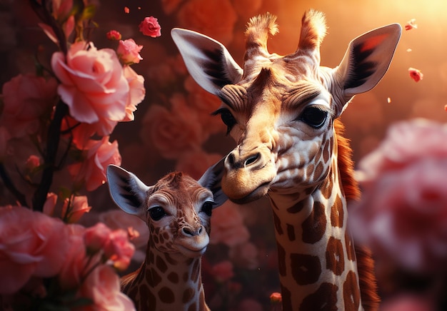 Mother and baby giraffe on the natural background Generative AI