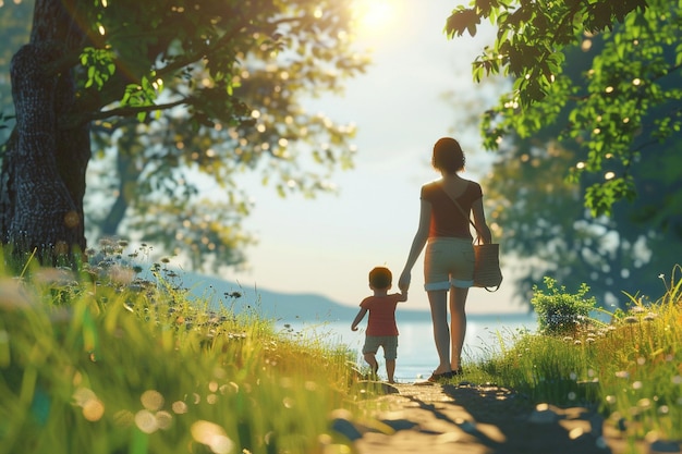 Mother and baby going for a walk in nature