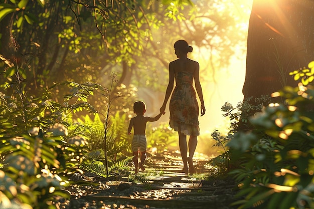 Мама с ребенком гуляют по природе.