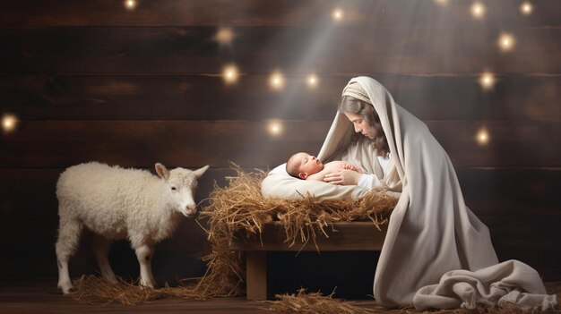 Photo mother and baby jesus in christmas interior