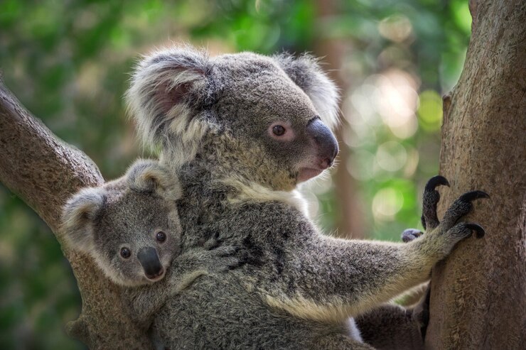 Mother and baby koala on a tree in natural atmosphere.