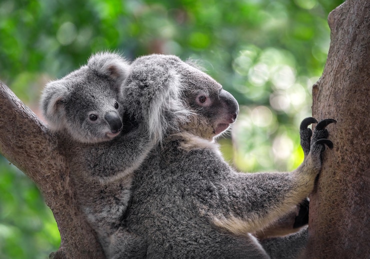 Mother and baby koalas on the tree