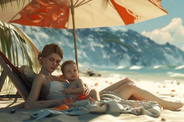 Mother and baby lounging under a beach umbrella oc