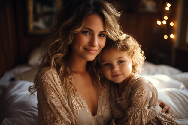 Photo mother and baby lying on bed