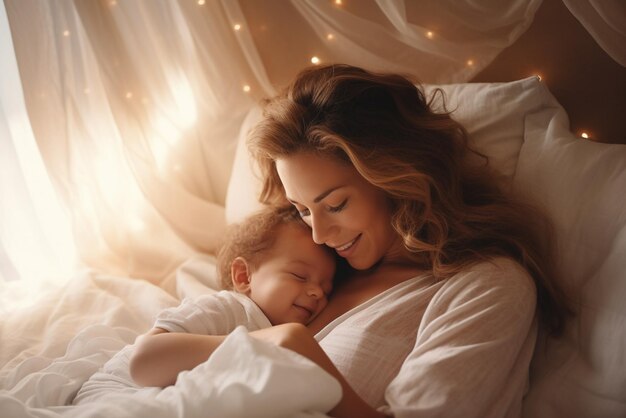 Mother and baby lying on bed