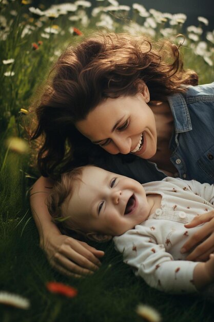 Foto una madre e un bambino sdraiati nell'erba