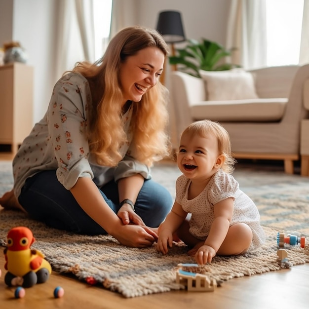 Мать и ребенок играют на полу.