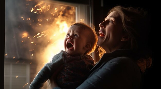 Mother and baby scared and screaming running for there life at a fire in home Family mother