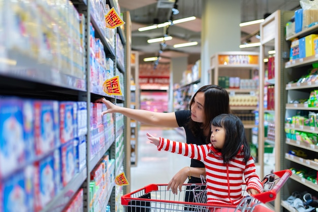 Mother and baby shopping in the supermarketThai woman has a daugther