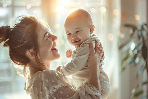 mother and baby smiling in front of a window with the sun shining through the window