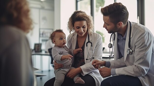 Photo mother baby and stethoscope of pediatrician for healthcare consulting check lungs and breathing