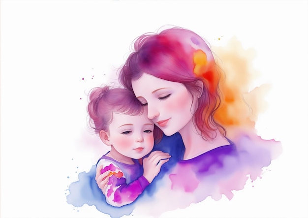 Mother and baby in watercolor splashes Happy family concept