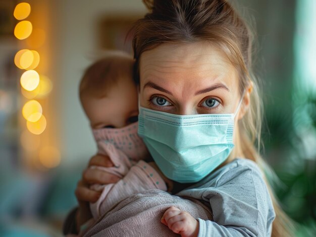 Photo mother and baby wearing surgical masks to prevent coronavirus infection