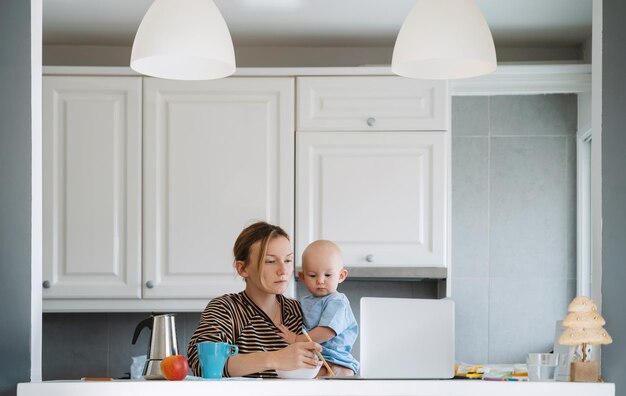 Mother balancing between work and baby on sick or maternity leave Woman responding on phone calls working on laptop computer with child on her lap Woman alone with baby solves problems from home