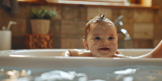 Mother bathing her cute little baby at home ai generated